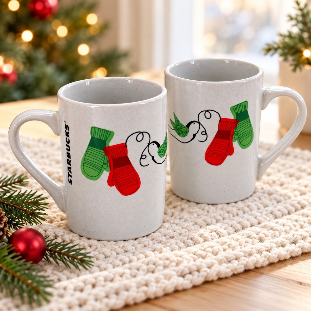 Starbucks 2011 Holiday Mitten Coffee Mugs Set of 2 White Red Green 10oz Ceramic